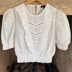 Aqua White Ruffled Puff Sleeve Blouse